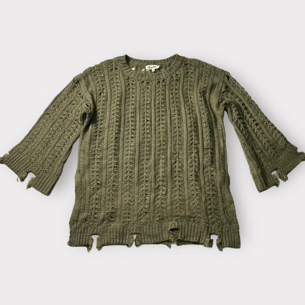 Army green open knit oversized grunge sweater with distressed hem. Size Medium